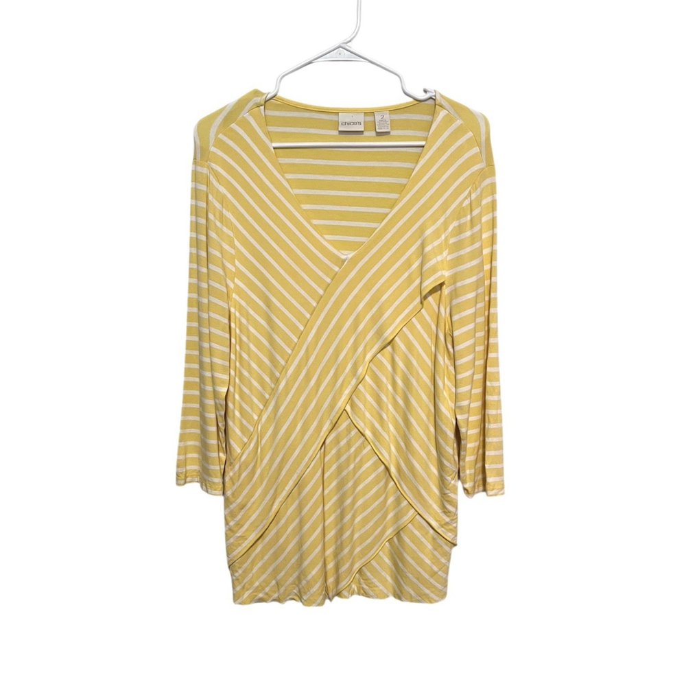 Chicos Tiered Tunic Top Women’s Medium 2 Yellow White Striped Crossover Shirt